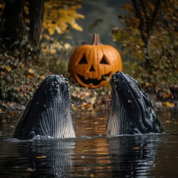 Two majestic whales break the waters surface, creating splashes, as a glowing jack-o-lantern sits nearby amid vibrant fall foliage, blending nature and seasonal festivities beautifully.
