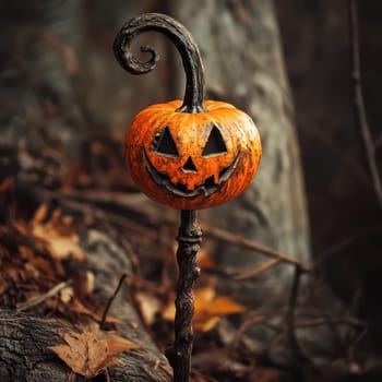 A uniquely carved pumpkin stands atop a twisted staff, nestled beside a gnarled tree. Autumn leaves surround the base, highlighting the seasonal charm and playful spirit of Halloween.