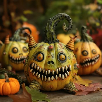 A group of whimsical, carved pumpkins with mischievous faces and vibrant colors sits among fallen leaves, showcasing the spirit of Halloween in a cheerful autumn atmosphere.