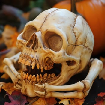 Set against a backdrop of colorful autumn leaves, a intricately crafted skull lies beside a vibrant pumpkin, capturing the essence of Halloween festivities and seasonal change.