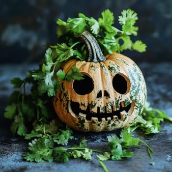 A creatively carved pumpkin features a playful skull design, surrounded by vibrant cilantro leaves, perfect for celebrating the cozy autumn season with a touch of whimsy.