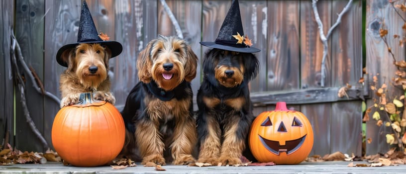 Three cheerful dogs dressed in witch hats and capes sit beside carved pumpkins, radiating Halloween spirit in a cozy outdoor setting adorned with autumn leaves.