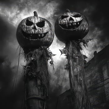 Two menacing jack-o-lanterns stand tall on wooden poles, their eerie grins illuminated by a ghostly glow. Dark clouds swirl ominously in the background, adding to the chilling atmosphere.