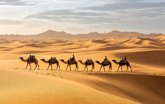 A line of camels and riders traverse golden sand dunes in the Sahara Desert, silhouetted against a backdrop of distant mountains and a hazy sky at sunset.