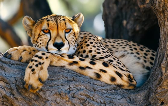 A majestic cheetah lounges on a tree branch, its spotted coat gleaming in the sunlight as it surveys its surroundings with alert amber eyes.