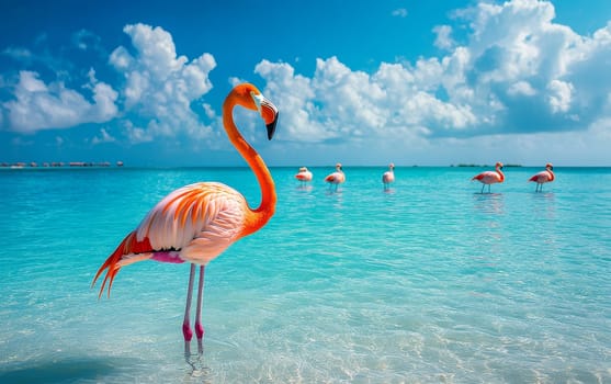 Vibrant flamingos stand in crystal clear turquoise waters under a bright blue sky with fluffy white clouds, creating a stunning tropical scene.