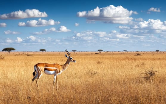 A solitary gazelle stands alert in golden grasslands of the African savanna, with acacia trees and a cloud-dotted blue sky in the background.