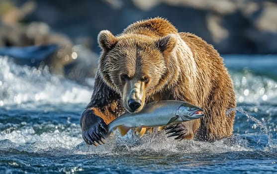 A powerful grizzly bear stands in a rushing river, successfully catching a large salmon in its powerful jaws amid splashing water.