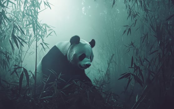 A giant panda bear surrounded by lush bamboo in a misty, ethereal forest setting, creating a moody and atmospheric wildlife scene.