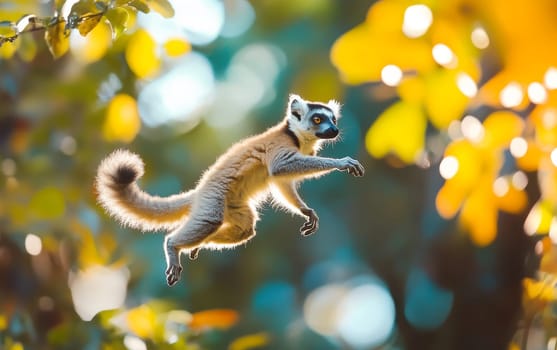 A ring-tailed lemur leaps gracefully through a sun-dappled forest, its distinctive striped tail arched behind it amid golden bokeh and green foliage.