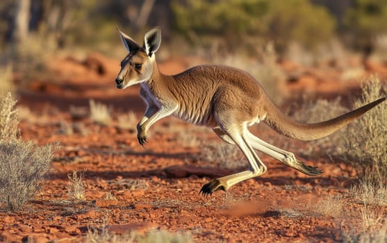 A kangaroo mid-hop across a red desert landscape with sparse vegetation, showcasing its powerful hind legs and long tail for balance.