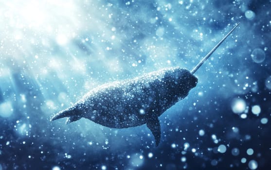 A magical underwater scene featuring a silhouette of a narwhal surrounded by glowing particles, creating a dreamlike and surreal oceanic atmosphere.