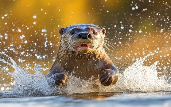 An energetic otter emerges from water, creating a spray of droplets illuminated by golden sunlight, showcasing the joyful and lively nature of these aquatic mammals.