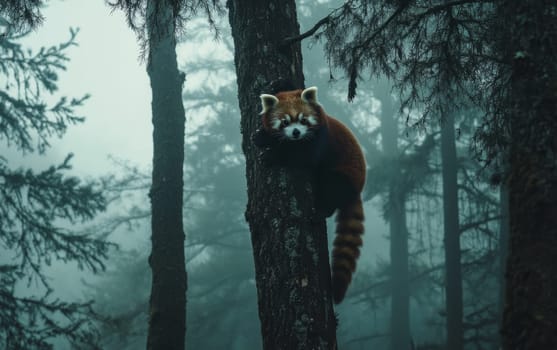 A curious red panda perches on a tree trunk in a foggy, ethereal forest, its distinctive russet fur and masked face contrasting with the moody atmosphere.