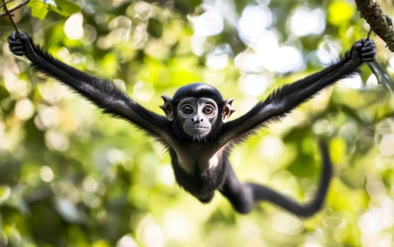 An energetic gibbon with outstretched arms swings between tree branches, its expressive face and agile body capturing the joy and freedom of life in the forest canopy.