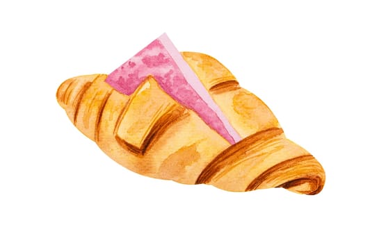 Croissant with ham and cheese. Watercolor hand drawn illustration isolated on white background.