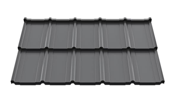 Modular tile effect roof panel. Lightweight galvanised steel roofing sheet isolated on white background. Traditional metal shingle tiles. Popular profiled metallic pantile mimic clay or concrete slate