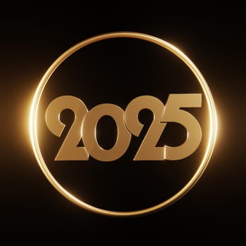 Golden 2025 on a black background with golden decoration, New Years concept image, 3d rendering