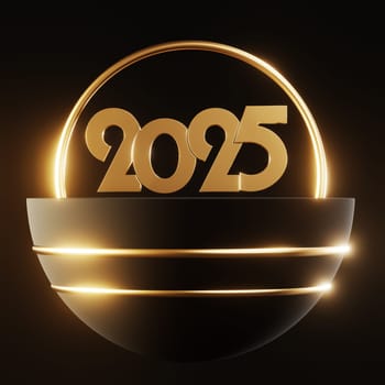 Golden 2025 on a black background with golden decoration, New Years concept image, 3d rendering