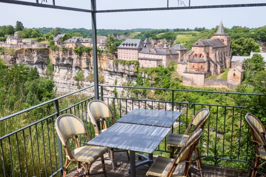 The Trou de Bozouls seen from the terrace of a restaurant in Aveyron, Occitanie, France