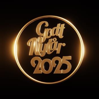 Golden 2025 with scandinavian Happy New Year on a black background with golden decoration, New Years concept image, 3d rendering