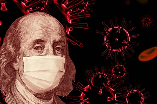 Benjamin Ben Franklin isolated face from 100 dollar banknote with a face mask on covid background. Concept of the global financial crisis and pandemic