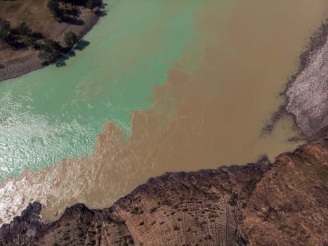 The confluence of two rivers, Katun and Chuya, the famous tourist spot in the Altai mountains, Siberia, Russia, aerial shot.