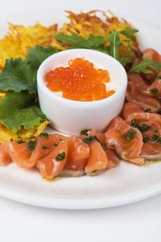 Plate with potato pancakes salmon fish and red caviar