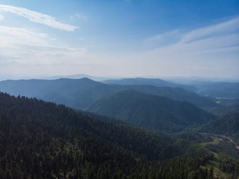 Aerial view on Teletskoye lake in Altai mountains, Siberia, Russia. Drone shot. Beauty summer day.
