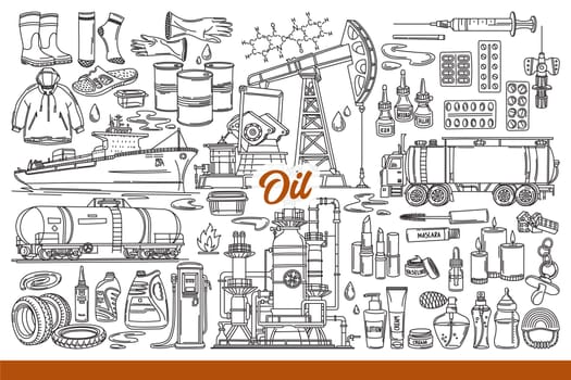Oil industry extracts petroleum and produces gasoline or plastic goods. Ship and oil rig near medicines and cosmetics or syringes created from by-products of fuel industry. Hand drawn.
