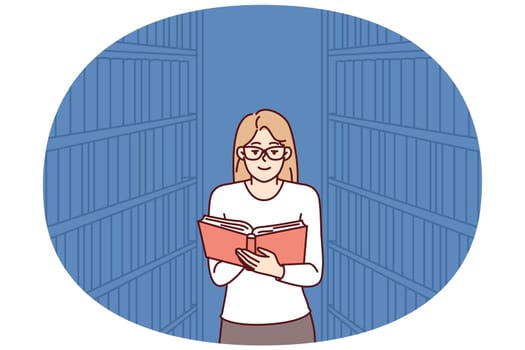 Woman is reading book in library, standing among shelves with textbooks and looking for right encyclopedia. Girl with book works as librarian or is visitor to bookstore and is fond of secondhand books