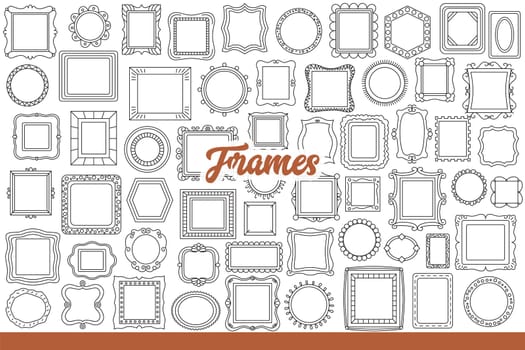 Frames for paintings and photographs decorating wall in art gallery or museum. Beautiful wooden frames for paintings or mirrors for interior design of apartment in baroque style. Hand drawn.