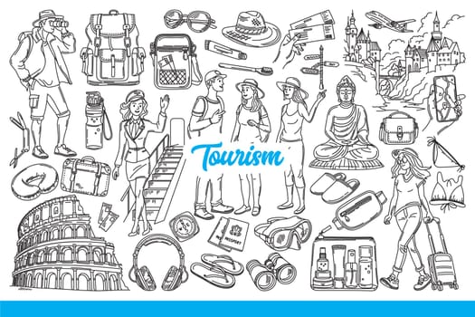 People engage in tourism, travel by plane and train to cities and places of interest. Development cultural tourism and excursions for men and women studying culture of different countries. Hand drawn.