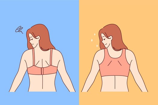 Woman wearing different types of bras compares comfort of underwear, which has positive or negative effect on posture. Girl tries on bras or top, trying to choose right clothes for own look.