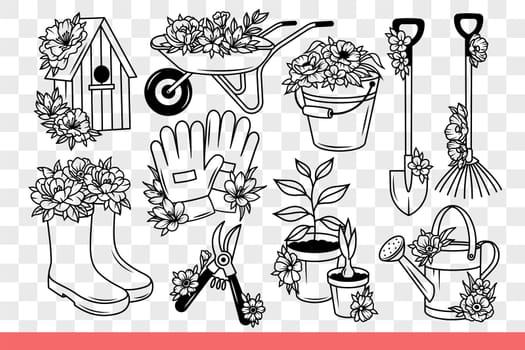 Set for gardener growing plants and caring for flower bed in backyard. Flowers near birdhouse and boots for gardener or planter with bucket and rake for working in greenhouse. Hand drawn.