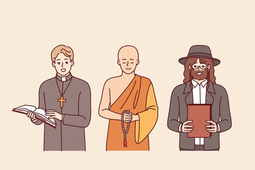 Spiritual leaders from different religious movements, dressed as catholic and buddhist or jewish. Several spiritual leaders demonstrate unity and readiness for joint interreligious activities
