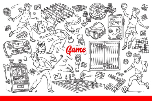 Sports games are played by men and women, enjoying active sports or mental games. Casino equipment near chess or backgammon board and poker cards for great time spent free time. Hand drawn.