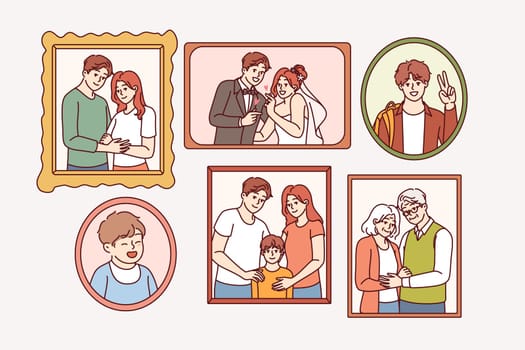 Family portraits hang on wall, decorating interior of apartment with photographs of people from different generations. Portraits of young couple at wedding ceremony or grandparents and little grandson