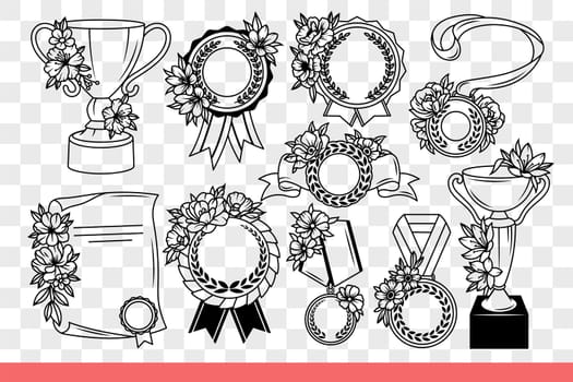Awards and prizes for winner of first place in competitions or olympiads. Gold awards or silver cups and medals or diploma as reward for excellent studies at university. Hand drawn.