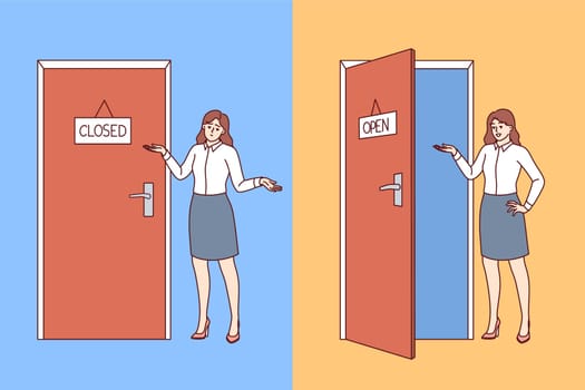 Business woman near office door in open and closed state, for concept of having place in labor market. Businesswoman invites to visit office and get best job offer, learned about good qualifications