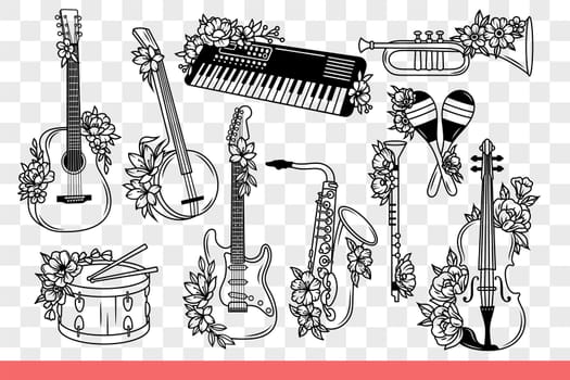 Musical instruments for youth group or orchestra accompanying singer. Guitar and synthesizer or violin and drum near wind musical instruments for performing symphonic compositions. Hand drawn.