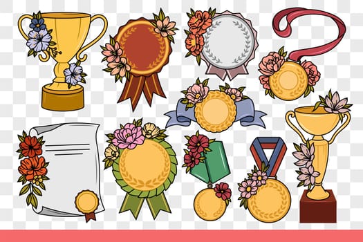 Cups and medals or gift certificate to reward best employees of month. Gold and silver items to reward for valiant service in corporation and excellent professional skills. Hand drawn.