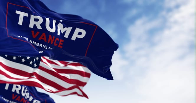 Arlington, US, Aug. 22 2024: Donald Trump and JD Vance 2024 presidential campaign flag waving with american flag waving together. 2024 US presidential election. 3d illustration render