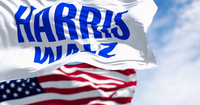 Washington D.C., US, July 22 2024: Kamala Harris 2024 presidential campaign flag waving with the american flag. Illustrative Editorial 3d illustration render. 2024 US presidential election
