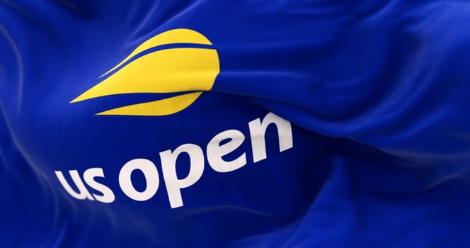 New York, US, Sept 2 2024: Close-up of US Open flag waving. Major tennis tournament held annually in New York. Grand Slam event. Illustrative editorial 3d illustration render