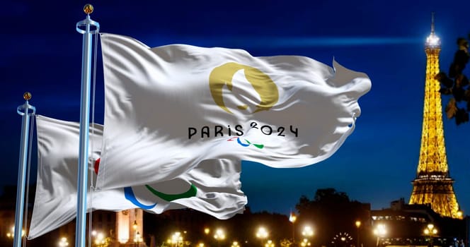 Paris, FR, Sept 1st 2024: Paris 2024 and the Paralympics flags waving in the wind with blurred night Paris skyline in the background at night. 3d render illustration. Illustrative editorial
