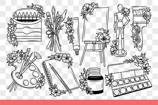 Set for professional artist or creative person who loves to draw pictures. Markers for artist and colored pencils or palette near notepad for drawing sketches of future art masterpieces. Hand drawn.