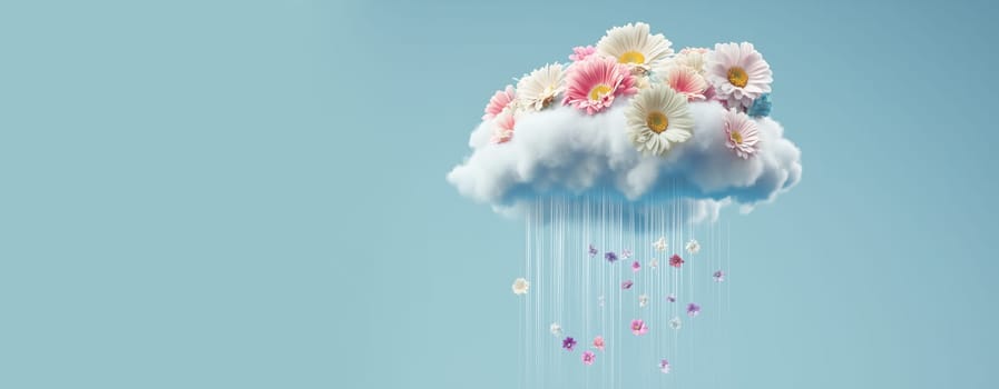 Colorful flowers raining from a cloud, puring positive thoughts, emotion and attitude, hope and self care concept