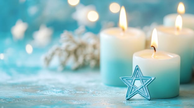 Chanukah candles burning, jewish festival holiday, month of kislev, hebrew calendar, traditional celebration for dedication of the second temple