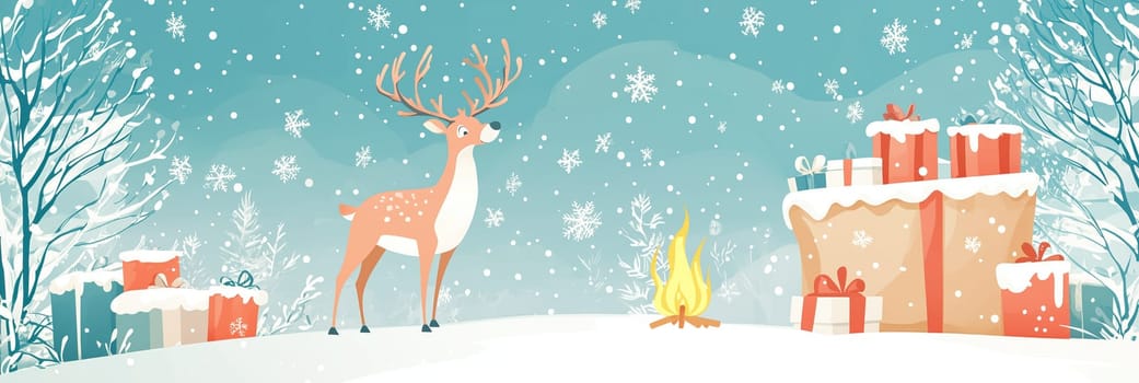 Reindeer with gift boxes and a santa claus sack in the snow covered forest, merry christmas holiday greeting card, winter season